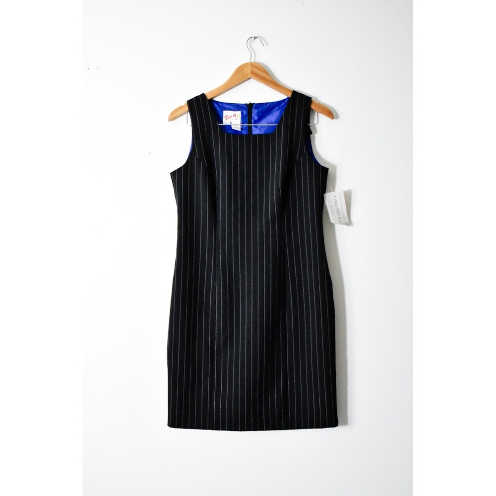 Betsy New York Shift Dress Womens 6 Black Vtg 80s Pinstripe Sleeveless Square